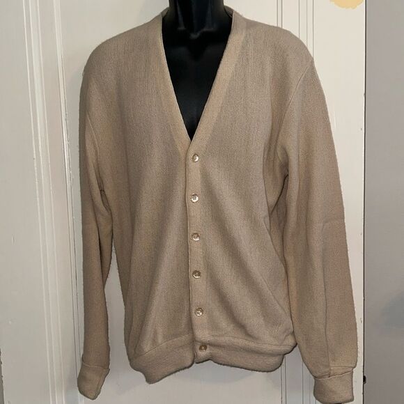 Vintage 70s Lord Jeff Jefflinks light tan orlon cardigan golf sweater - Picture 1 of 8